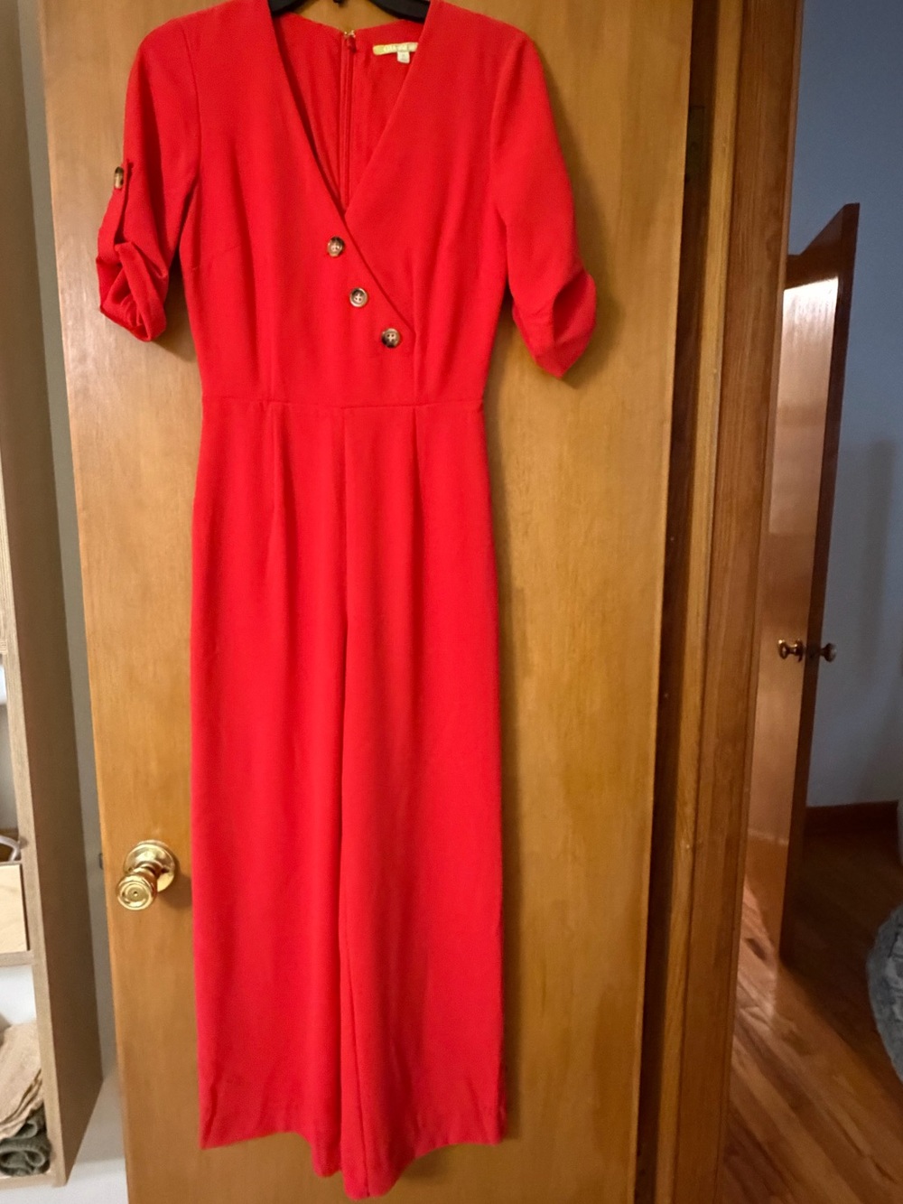 Gianni Bini Hot Pink Sleeve V-Neck Jumpsuit Dress with Button Accents